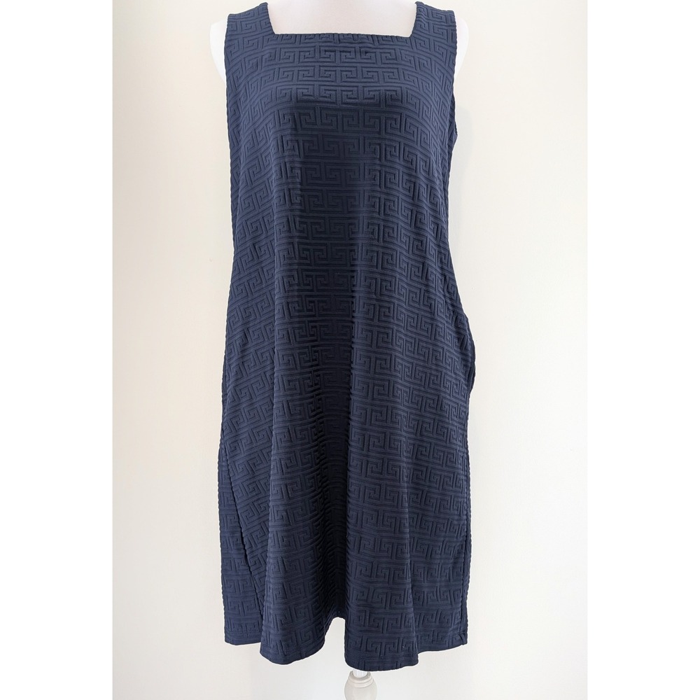 J.McLaughlin Navy Blue Greek Key Textured Knit Square Neck Shift Dress Small - Picture 1 of 7